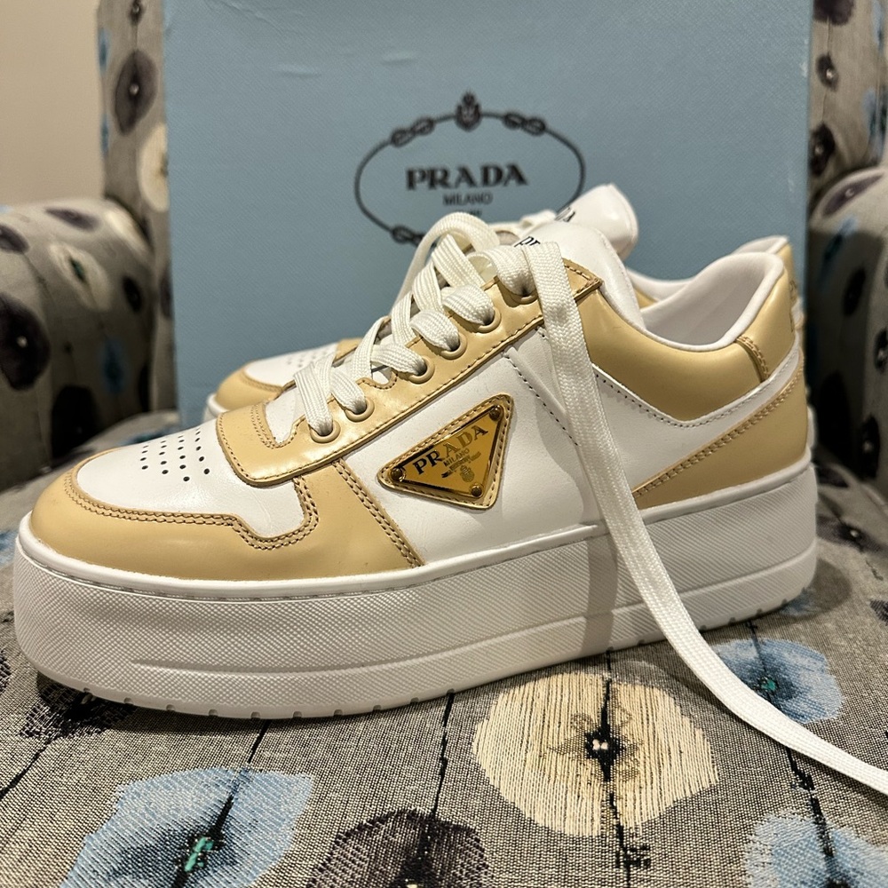 Prada Women's Gold and White Sneakers